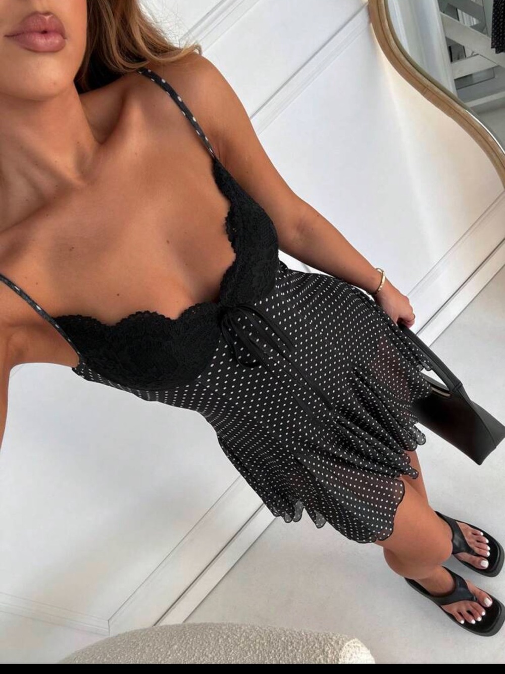 Black Polka Dot Lace-Trim Slip Dress
